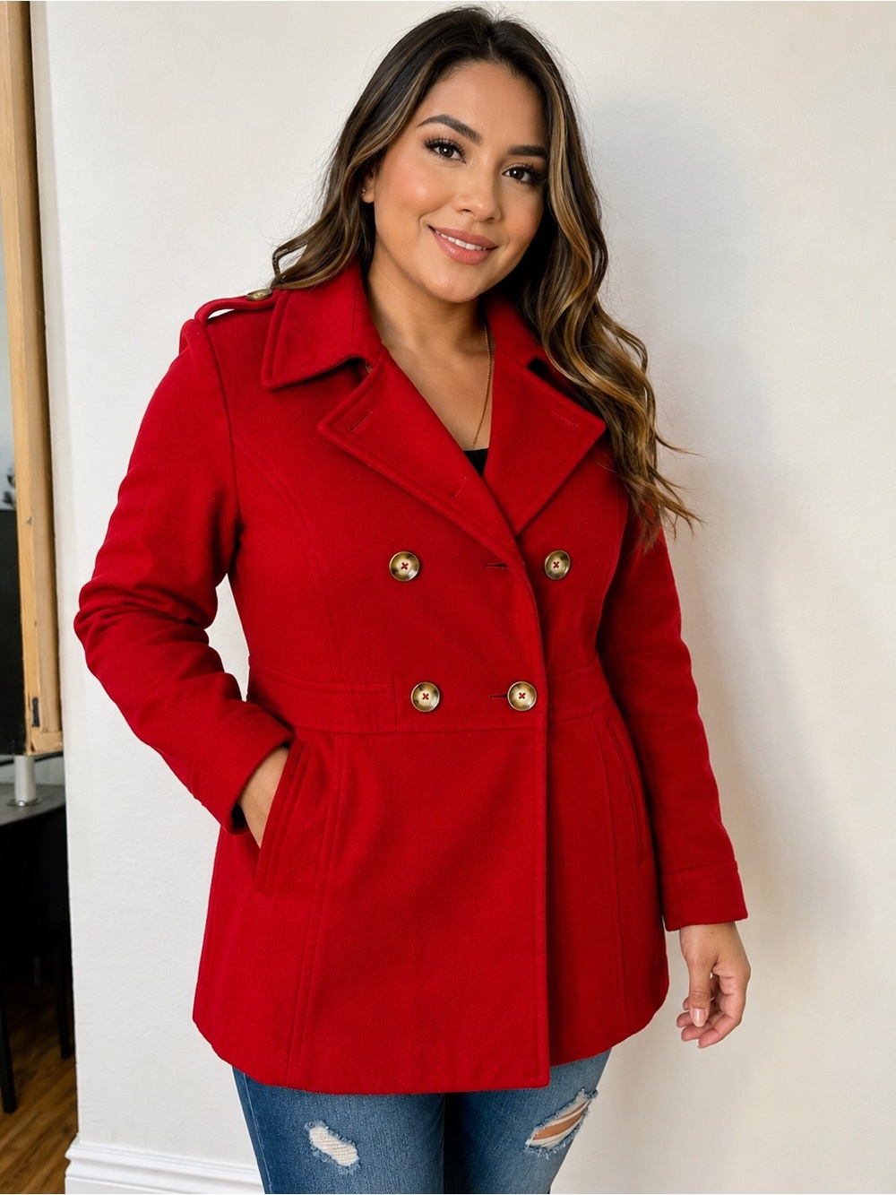 Women's Red Double-Breasted Peacoat with Gold Buttons